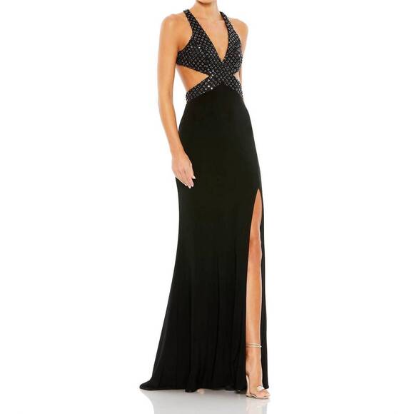 NEW MAC DUGGAL floral sequined criss cross bodice evening gown in black